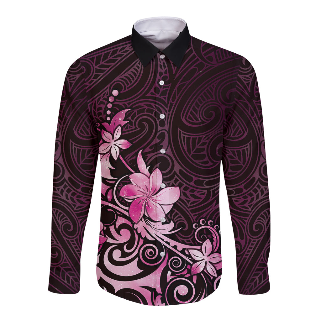 Matariki New Zealand Long Sleeve Button Shirt Maori Pattern Pink Galaxy