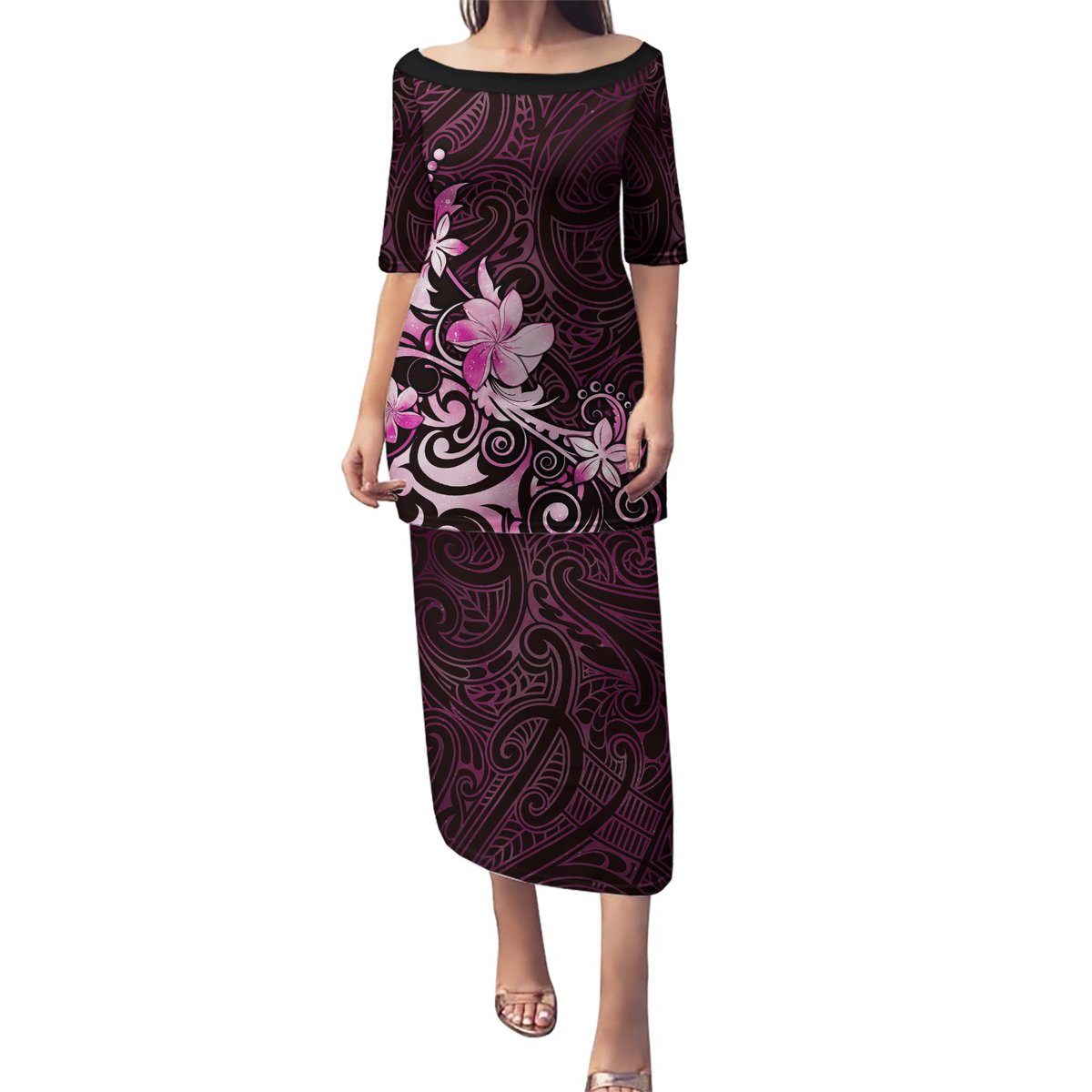 Matariki New Zealand Puletasi Maori Pattern Pink Galaxy LT05 Long Dress Pink - Polynesian Pride