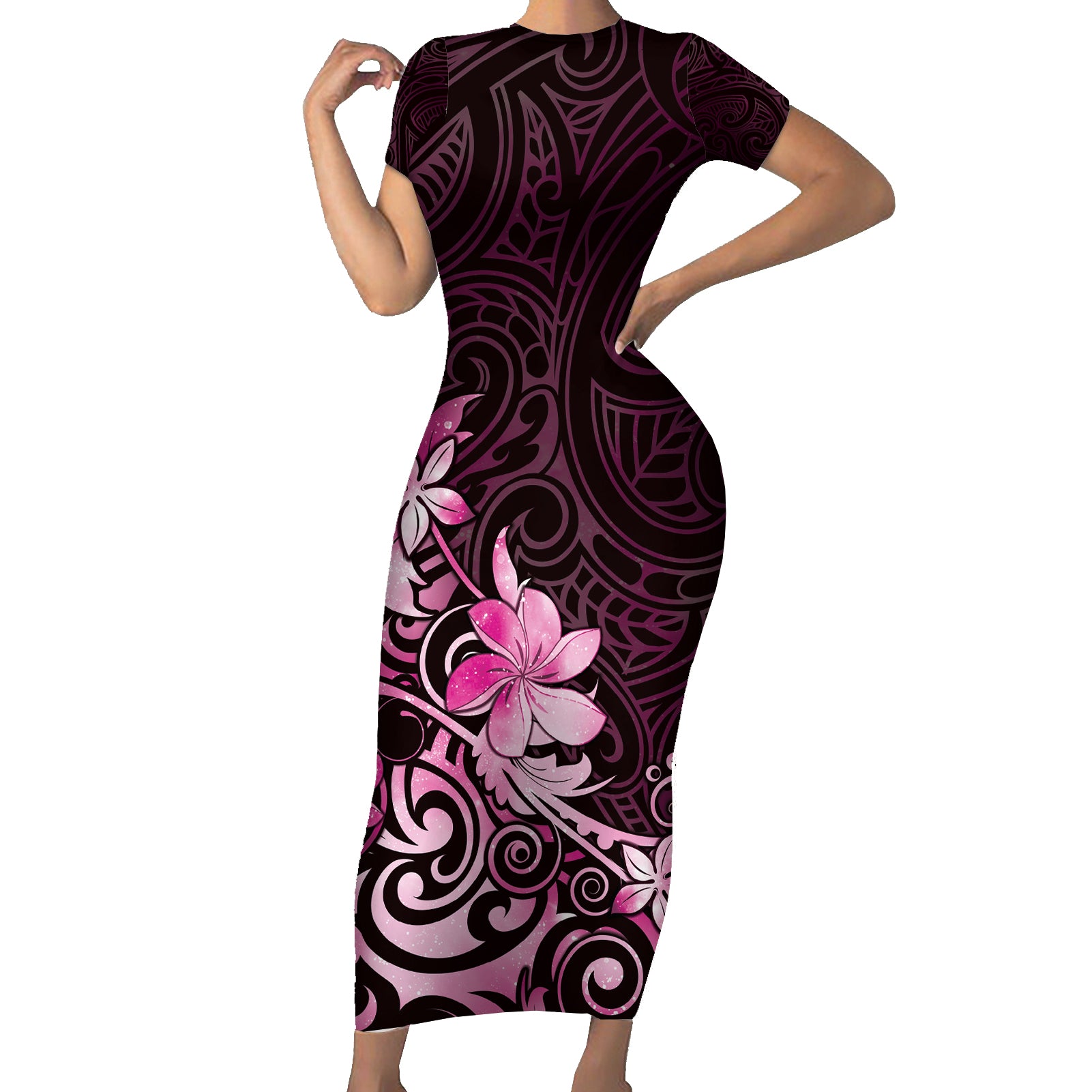 Matariki New Zealand Short Sleeve Bodycon Dress Maori Pattern Pink Galaxy