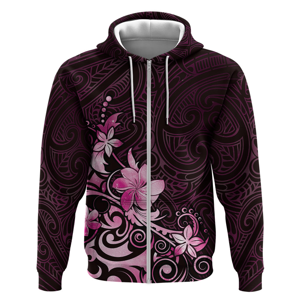 Matariki New Zealand Zip Hoodie Maori Pattern Pink Galaxy