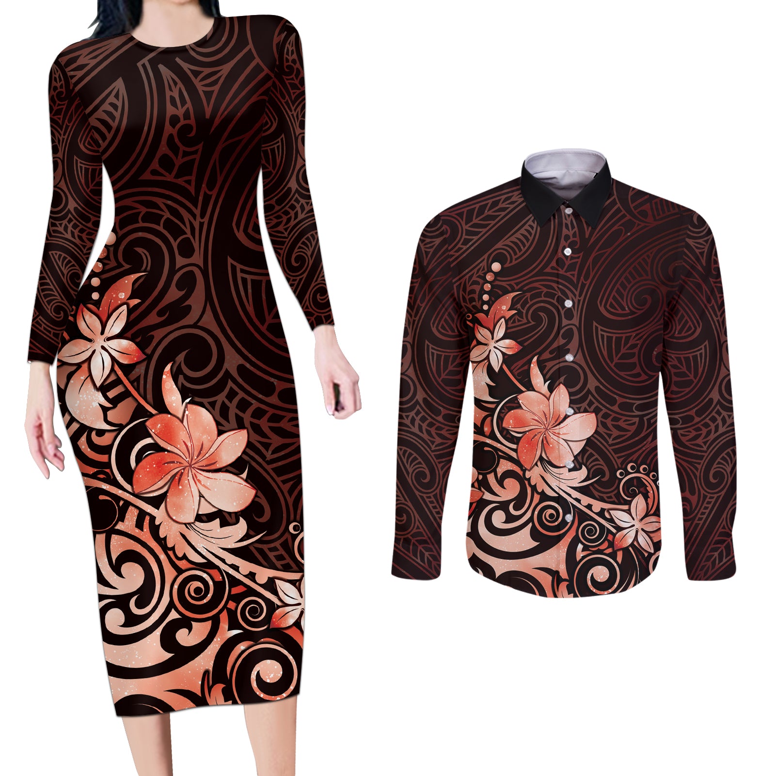 Matariki New Zealand Couples Matching Long Sleeve Bodycon Dress and Long Sleeve Button Shirt Maori Pattern Red Galaxy