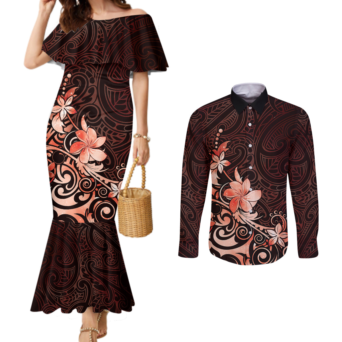 Matariki New Zealand Couples Matching Mermaid Dress and Long Sleeve Button Shirt Maori Pattern Red Galaxy