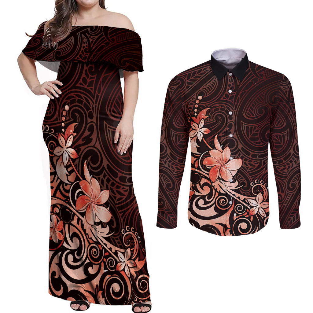 Matariki New Zealand Couples Matching Off Shoulder Maxi Dress and Long Sleeve Button Shirt Maori Pattern Red Galaxy