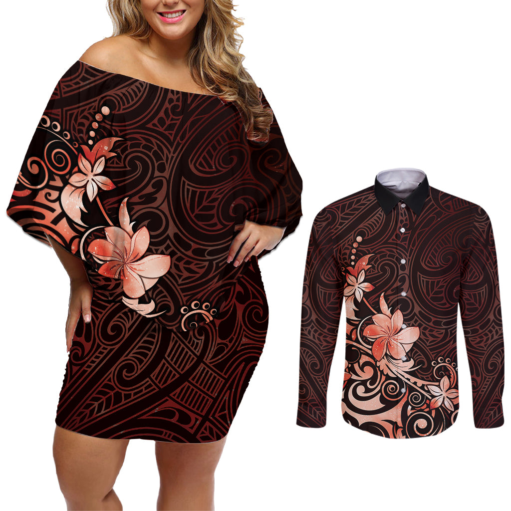 Matariki New Zealand Couples Matching Off Shoulder Short Dress and Long Sleeve Button Shirt Maori Pattern Red Galaxy