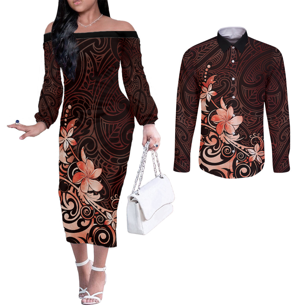 Matariki New Zealand Couples Matching Off The Shoulder Long Sleeve Dress and Long Sleeve Button Shirt Maori Pattern Red Galaxy