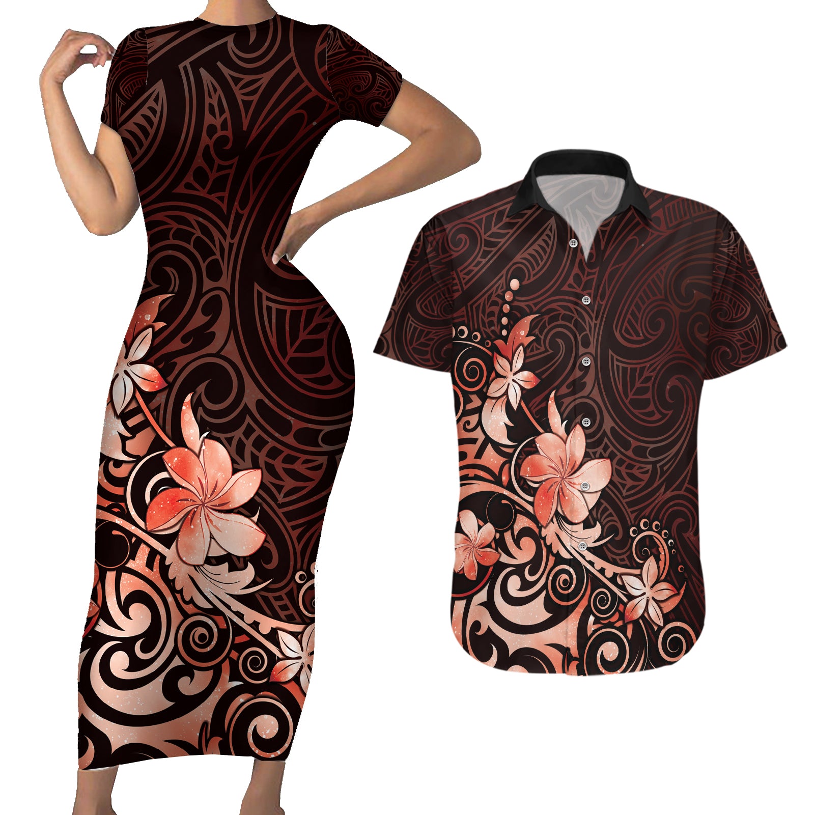 Matariki New Zealand Couples Matching Short Sleeve Bodycon Dress and Hawaiian Shirt Maori Pattern Red Galaxy