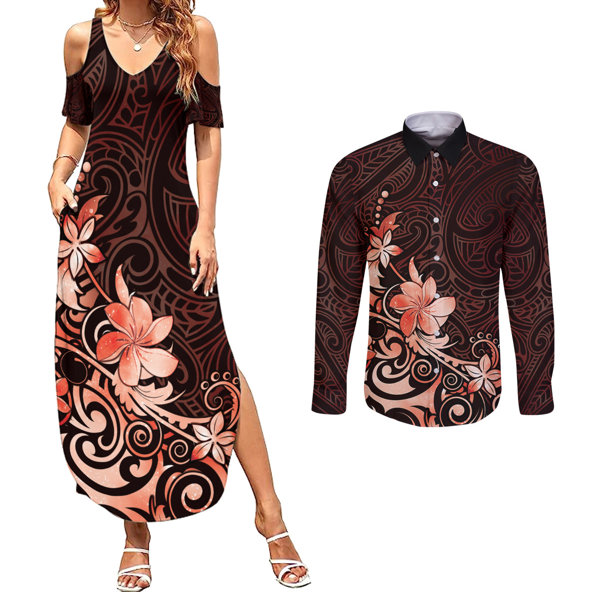 Matariki New Zealand Couples Matching Summer Maxi Dress and Long Sleeve Button Shirt Maori Pattern Red Galaxy