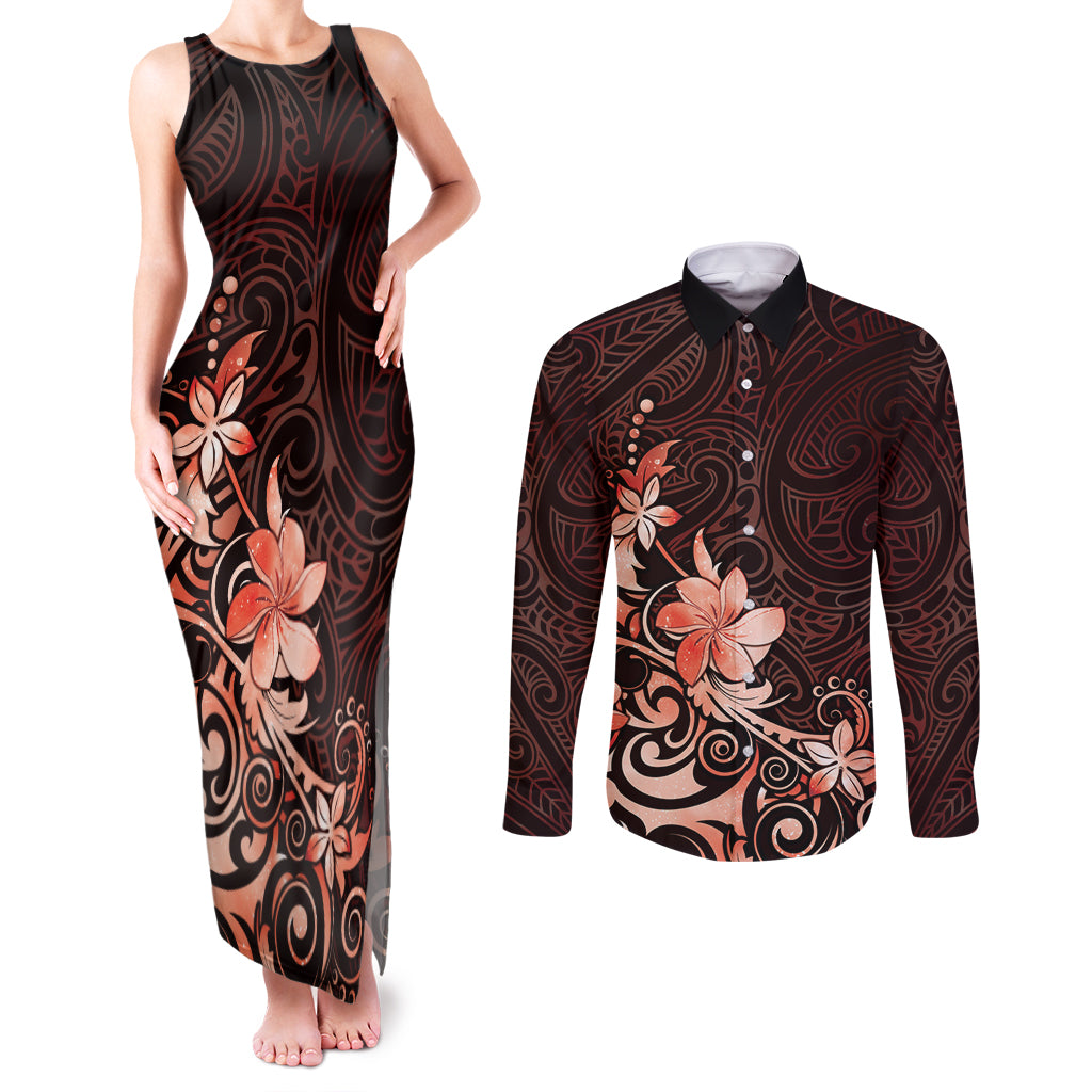 Matariki New Zealand Couples Matching Tank Maxi Dress and Long Sleeve Button Shirt Maori Pattern Red Galaxy