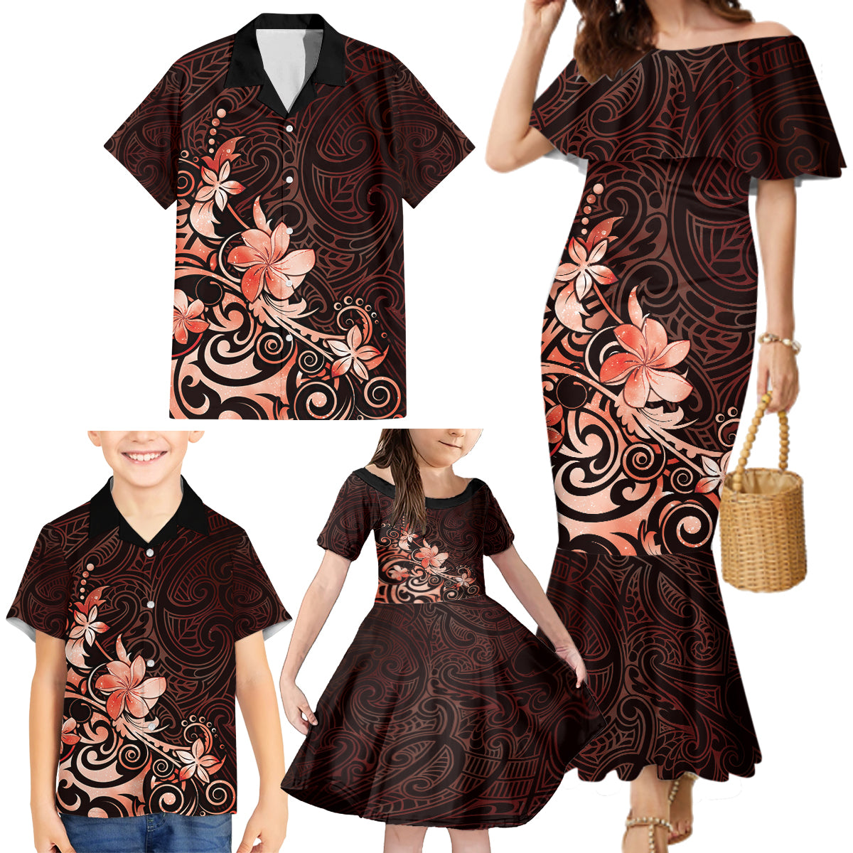 Matariki New Zealand Family Matching Mermaid Dress and Hawaiian Shirt Maori Pattern Red Galaxy