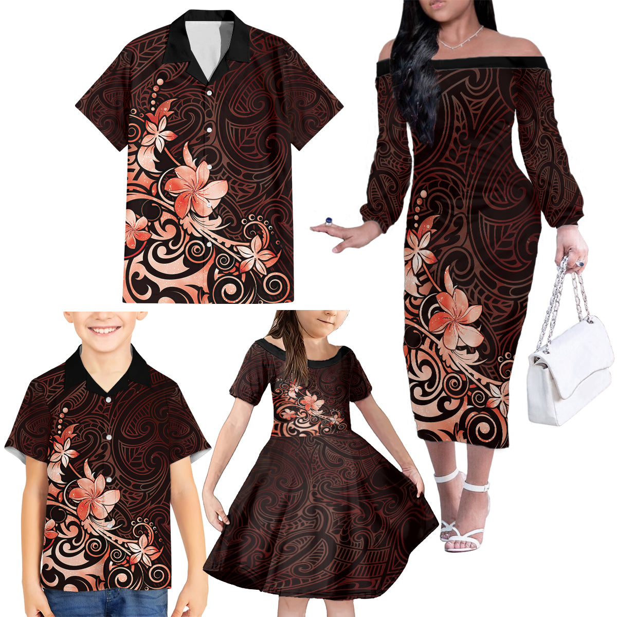 Matariki New Zealand Family Matching Off The Shoulder Long Sleeve Dress and Hawaiian Shirt Maori Pattern Red Galaxy