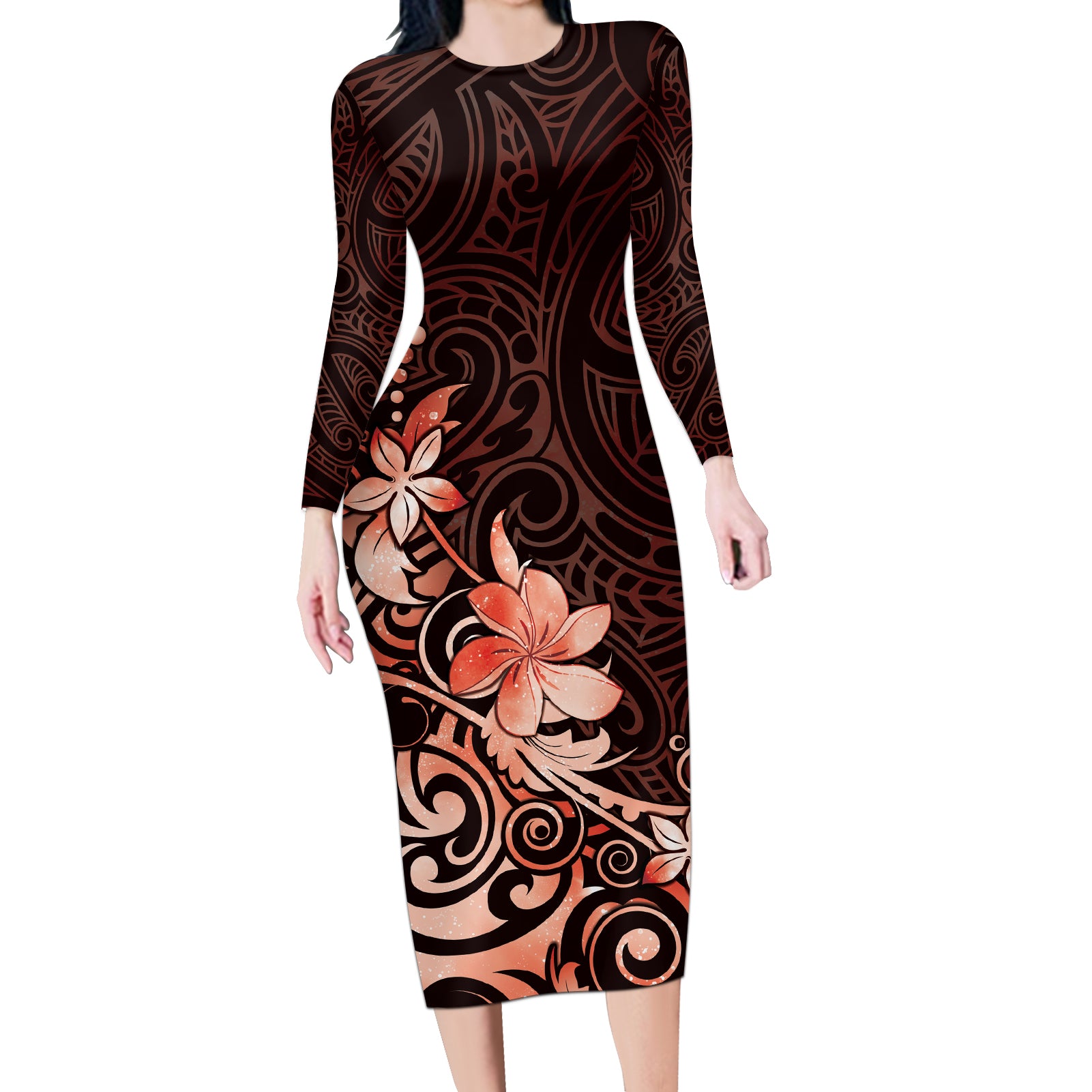 Matariki New Zealand Long Sleeve Bodycon Dress Maori Pattern Red Galaxy