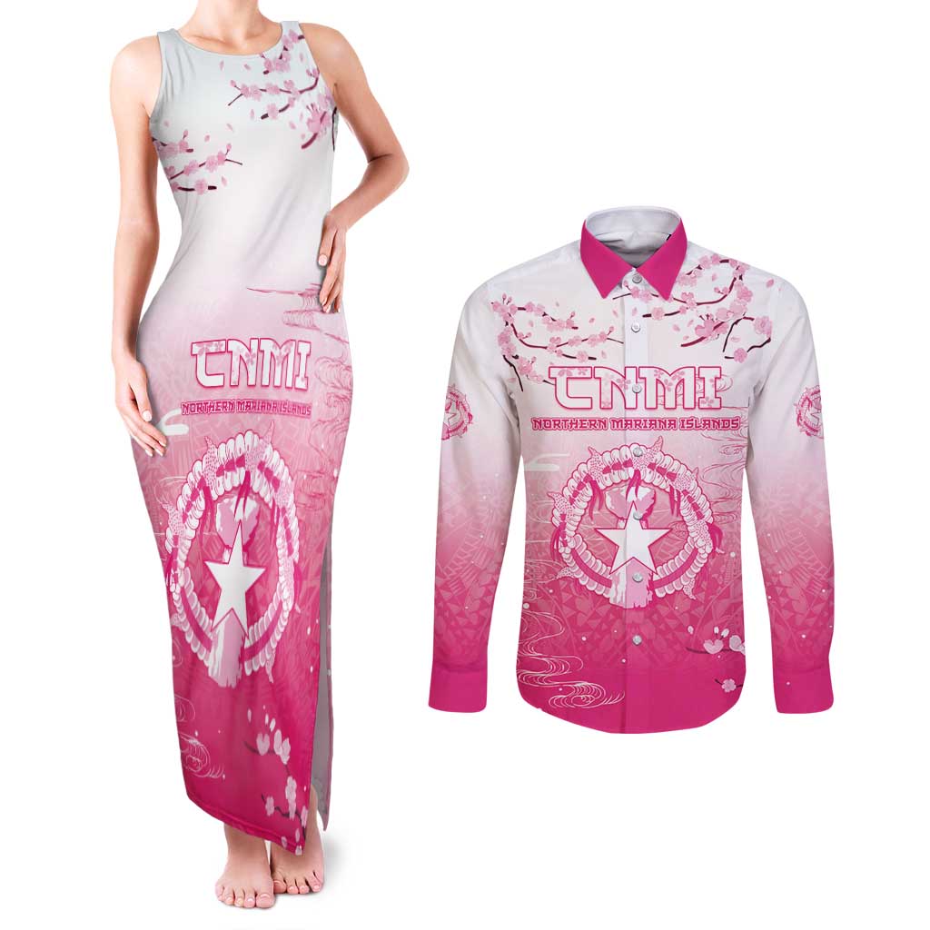 Personalized Sakura Marianas Couples Matching Tank Maxi Dress and Long Sleeve Button Shirt CNMI Seal LT05 Pink - Polynesian Pride