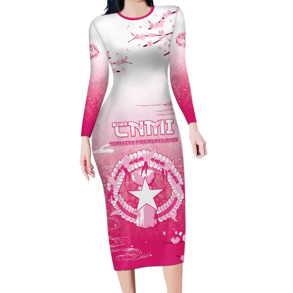 Personalized Sakura Marianas Long Sleeve Bodycon Dress CNMI Seal LT05 Long Dress Pink - Polynesian Pride