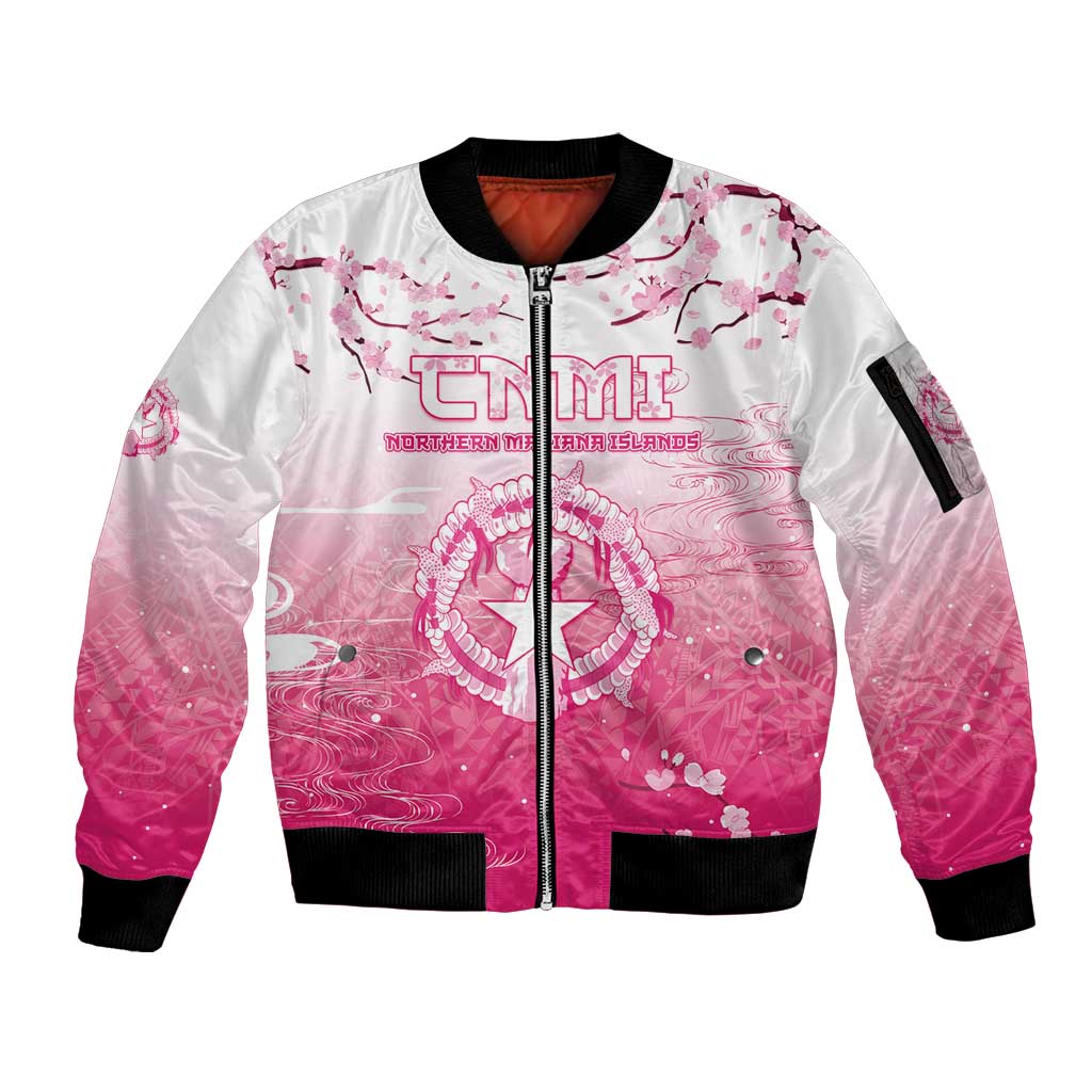 Personalized Sakura Marianas Sleeve Zip Bomber Jacket CNMI Seal LT05 Unisex Pink - Polynesian Pride