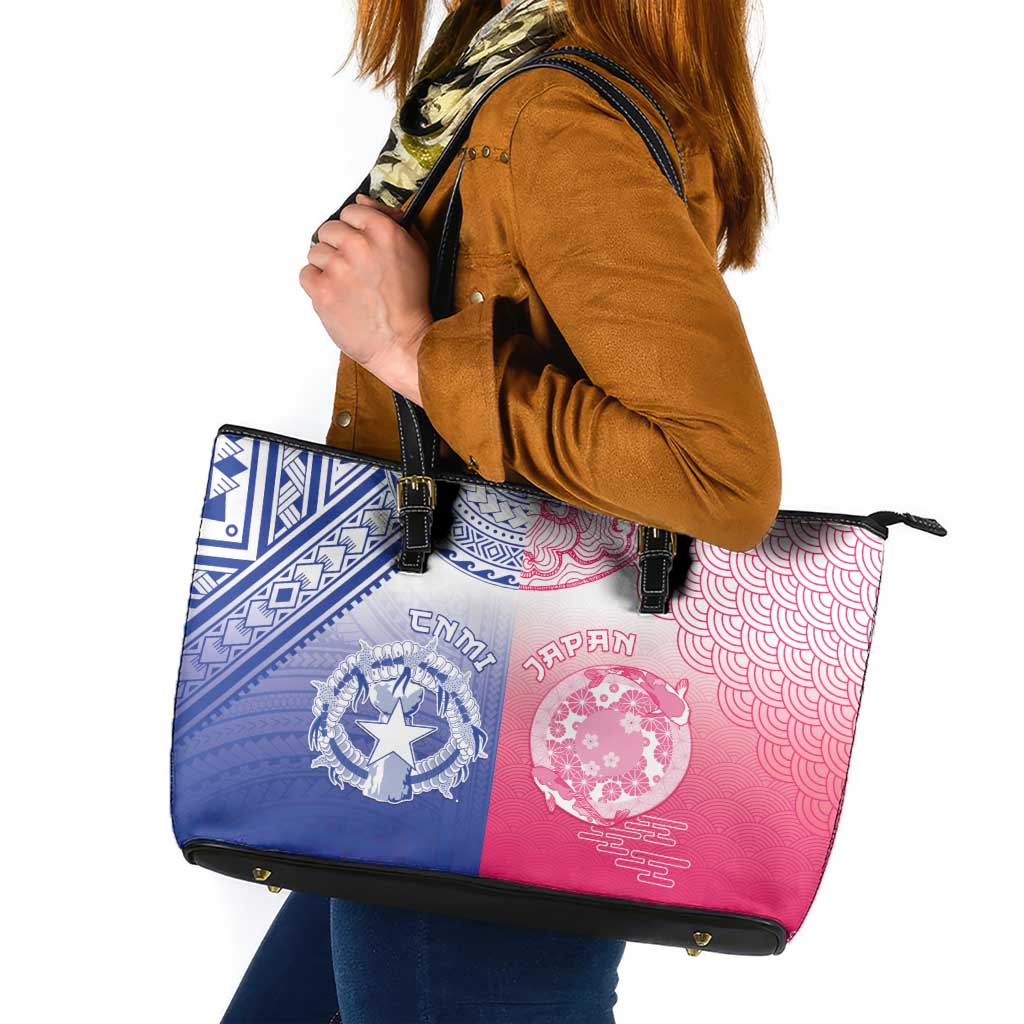 Northern Mariana Islands And Japan Together Leather Tote Bag LT05 White - Polynesian Pride
