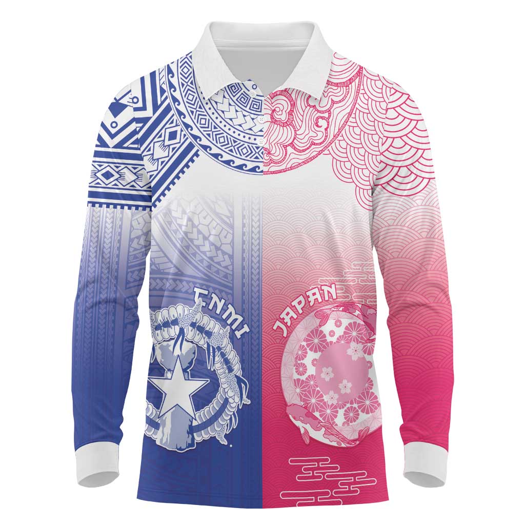 Custom Northern Mariana Islands And Japan Together Long Sleeve Polo Shirt LT05 White - Polynesian Pride