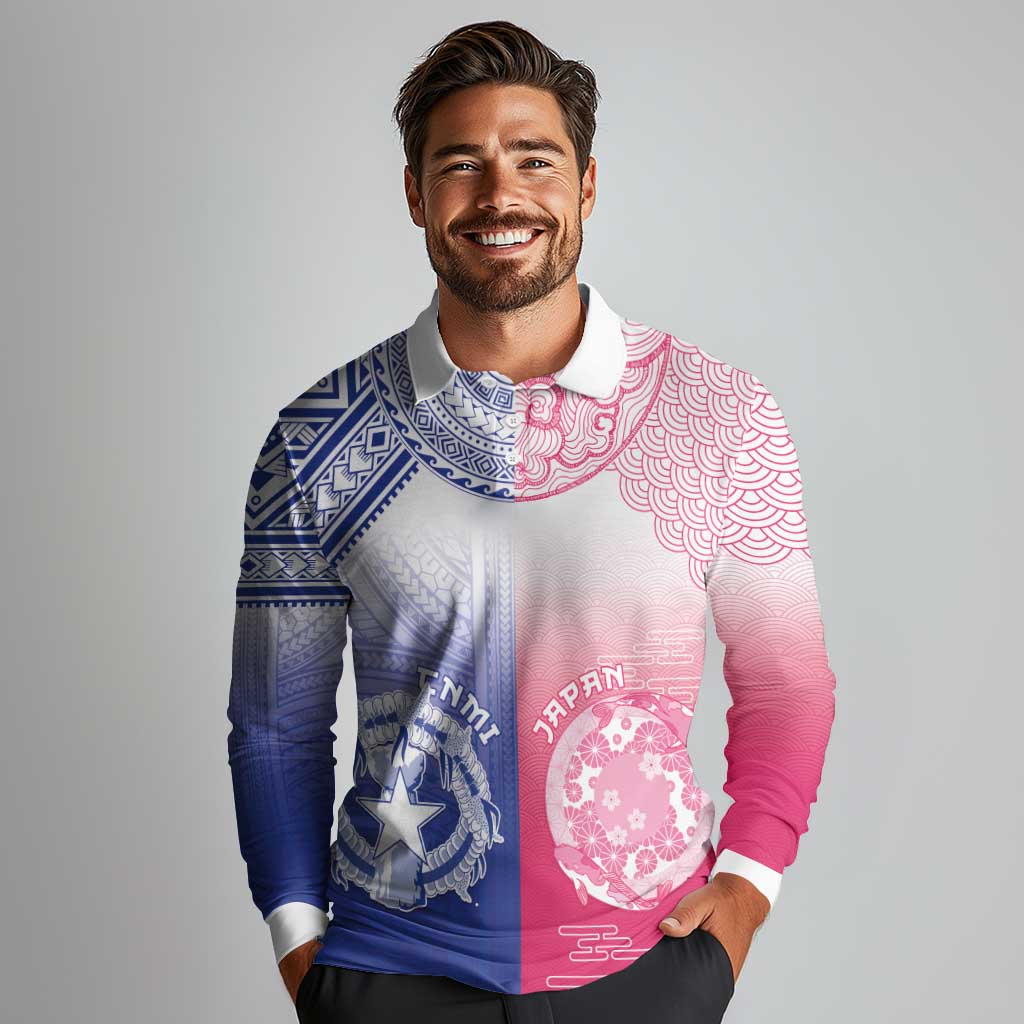 Custom Northern Mariana Islands And Japan Together Long Sleeve Polo Shirt LT05 - Polynesian Pride