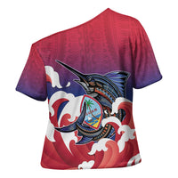 Guam Blue Marlin Fishing Cross Shoulder Shirt Polynesian Style LT05 - Polynesian Pride