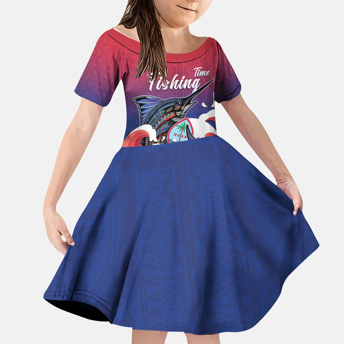 Guam Blue Marlin Fishing Kid Short Sleeve Dress Polynesian Style LT05 KID Red - Polynesian Pride
