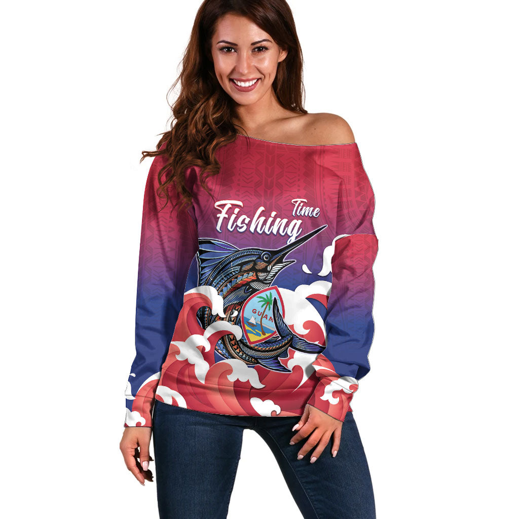 Guam Blue Marlin Fishing Off Shoulder Sweater Polynesian Style LT05 Women Red - Polynesian Pride