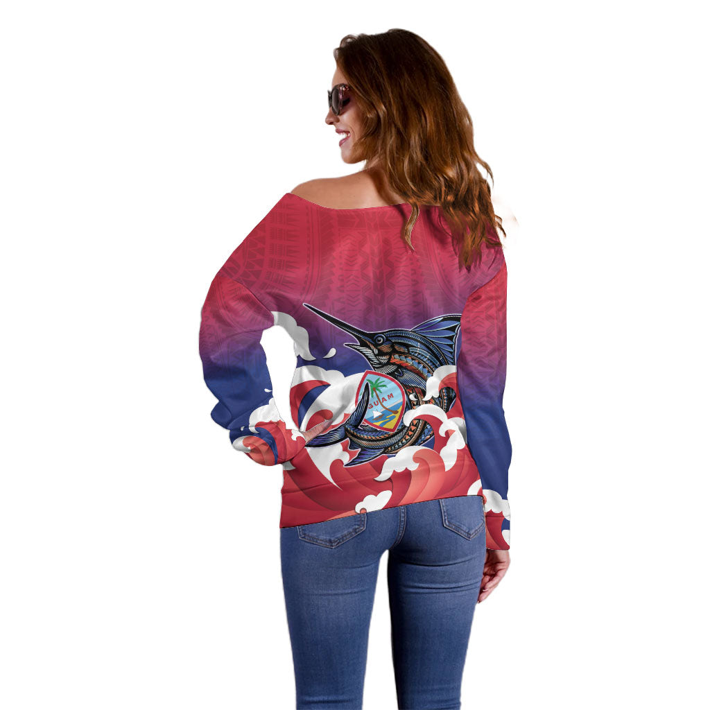 Guam Blue Marlin Fishing Off Shoulder Sweater Polynesian Style LT05 - Polynesian Pride