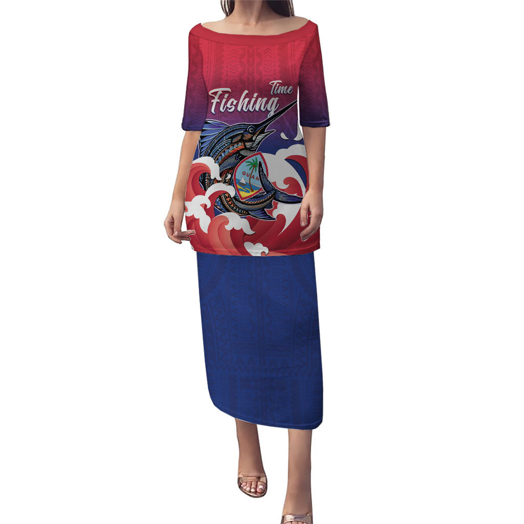 Guam Blue Marlin Fishing Puletasi Polynesian Style LT05 Long Dress Red - Polynesian Pride