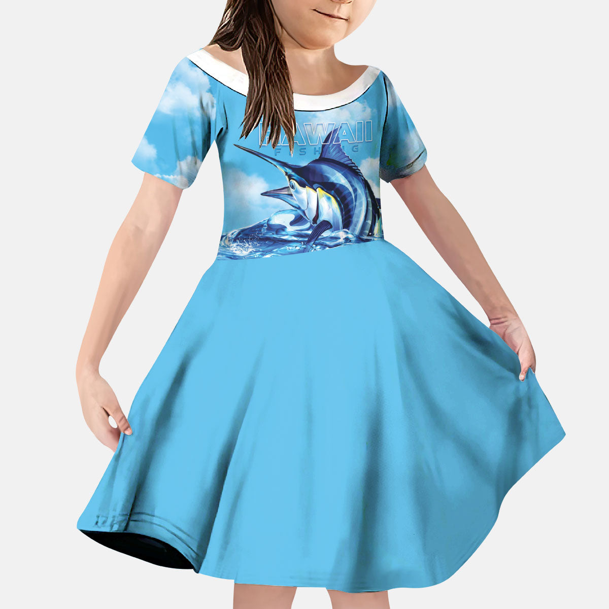 Hawaii Blue Marlin Fishing Kid Short Sleeve Dress LT05 KID Blue - Polynesian Pride