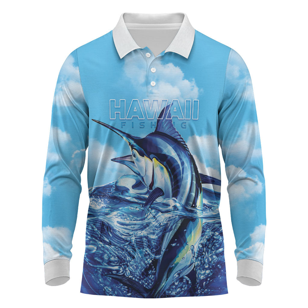 Hawaii Blue Marlin Fishing Long Sleeve Polo Shirt LT05 Blue - Polynesian Pride