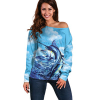 Hawaii Blue Marlin Fishing Off Shoulder Sweater LT05 Women Blue - Polynesian Pride