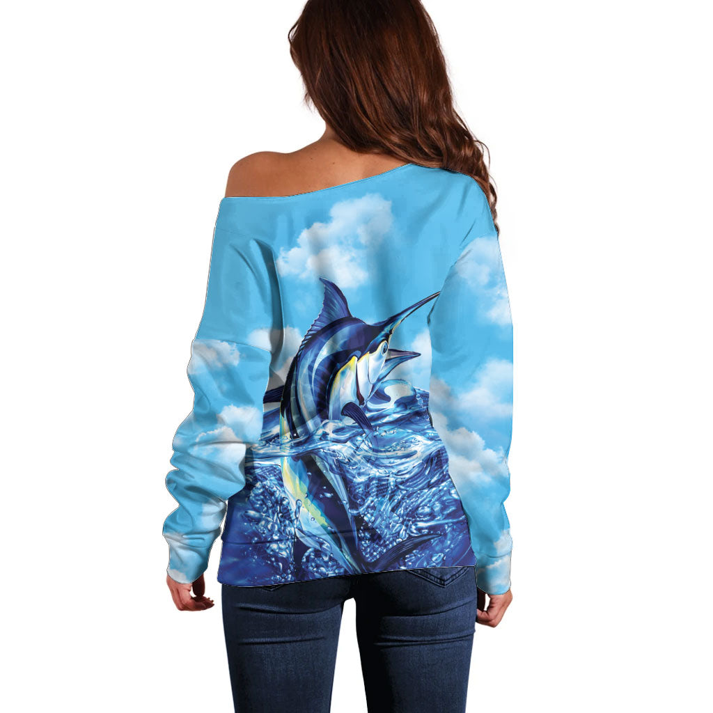 Hawaii Blue Marlin Fishing Off Shoulder Sweater LT05 - Polynesian Pride