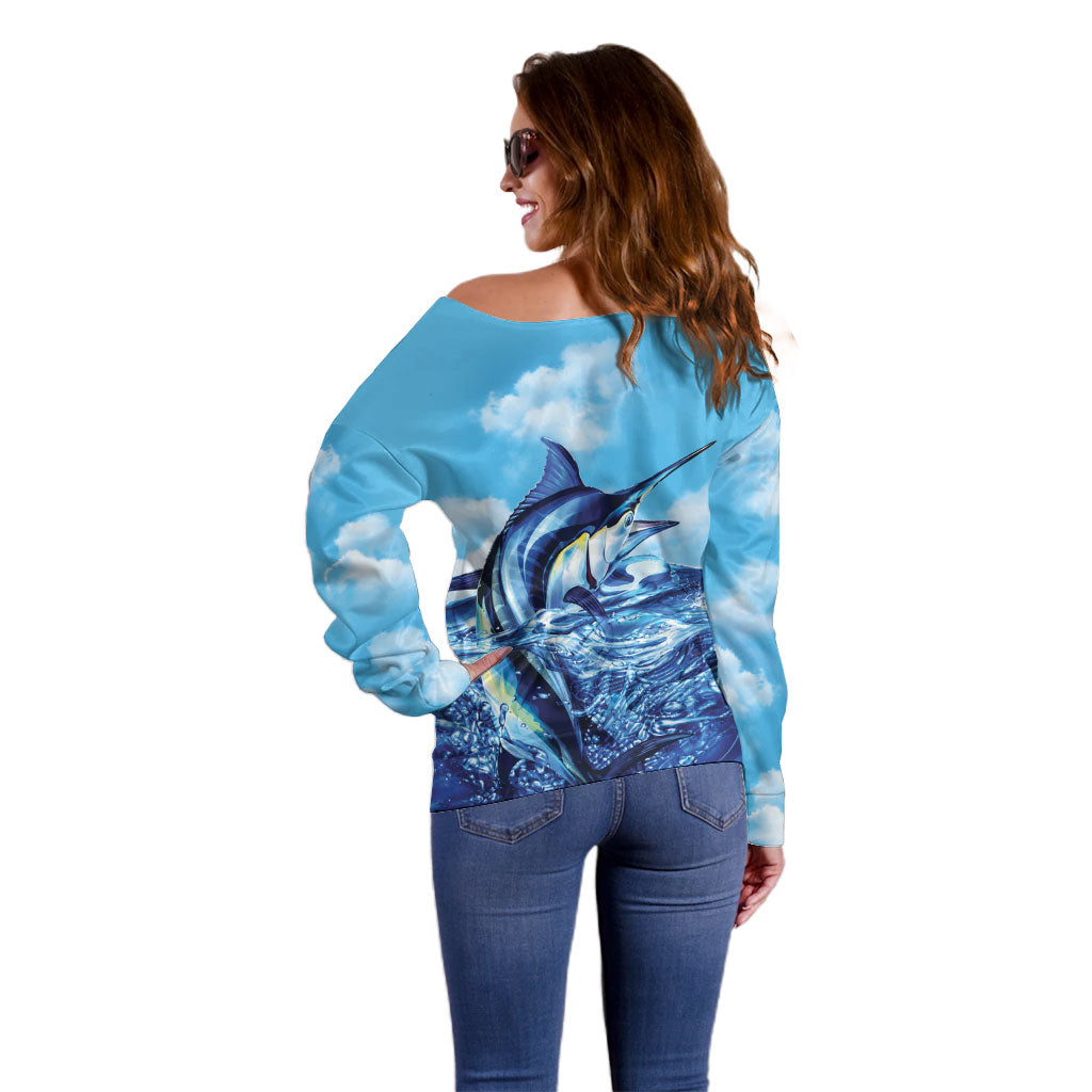 Hawaii Blue Marlin Fishing Off Shoulder Sweater LT05 - Polynesian Pride