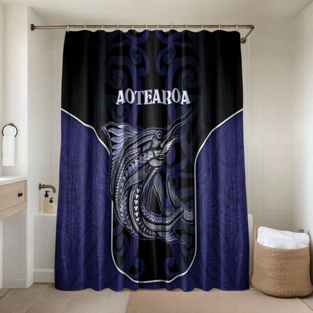 New Zealand Aotearoa Bathroom Set Blue Marlin Fishing Maori Pattern LT05 Shower Curtain Only Black - Polynesian Pride