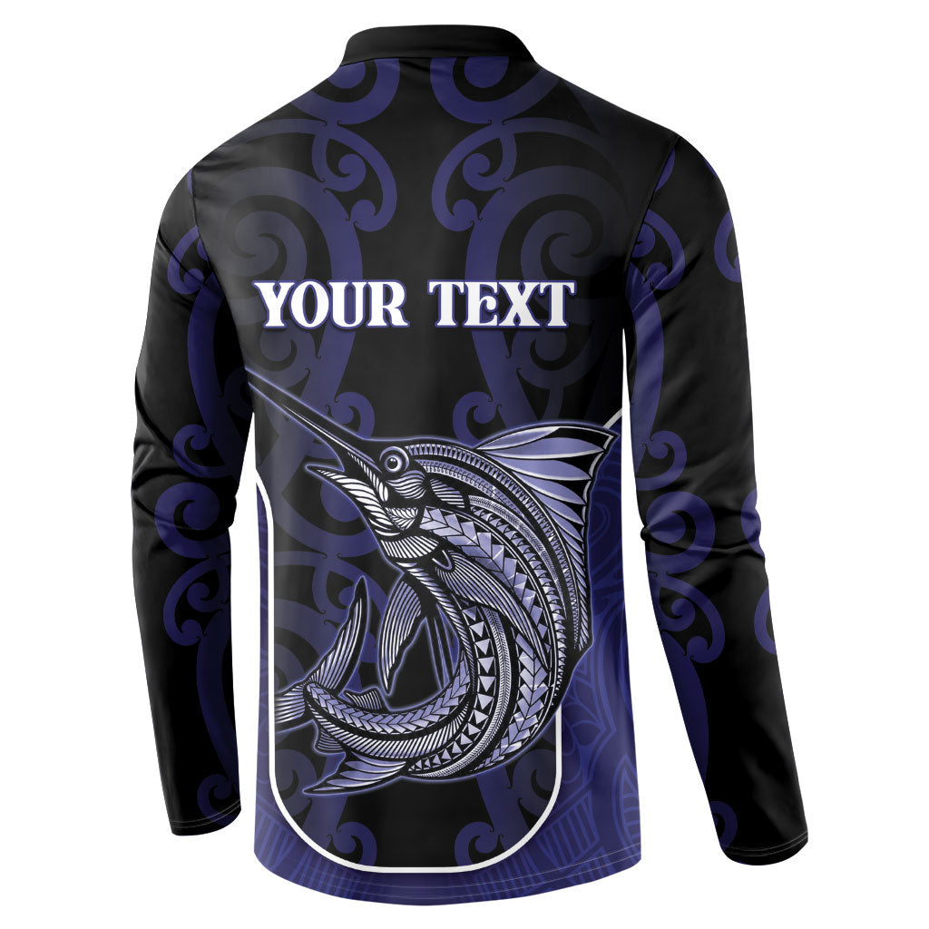 Personalised New Zealand Aotearoa Button Sweatshirt Blue Marlin Fishing Maori Pattern LT05 - Polynesian Pride