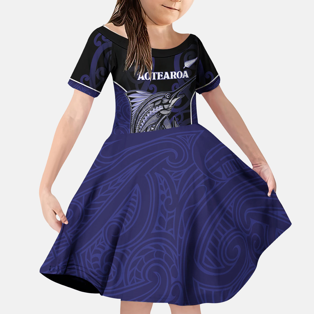 Personalised New Zealand Aotearoa Kid Short Sleeve Dress Blue Marlin Fishing Maori Pattern LT05 KID Black - Polynesian Pride