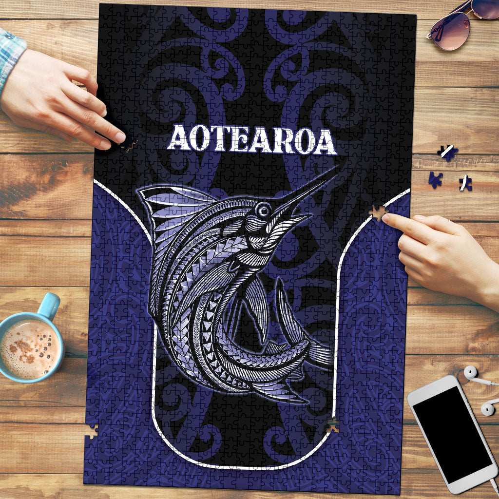 New Zealand Aotearoa Puzzle Blue Marlin Fishing Maori Pattern LT05 Black - Polynesian Pride
