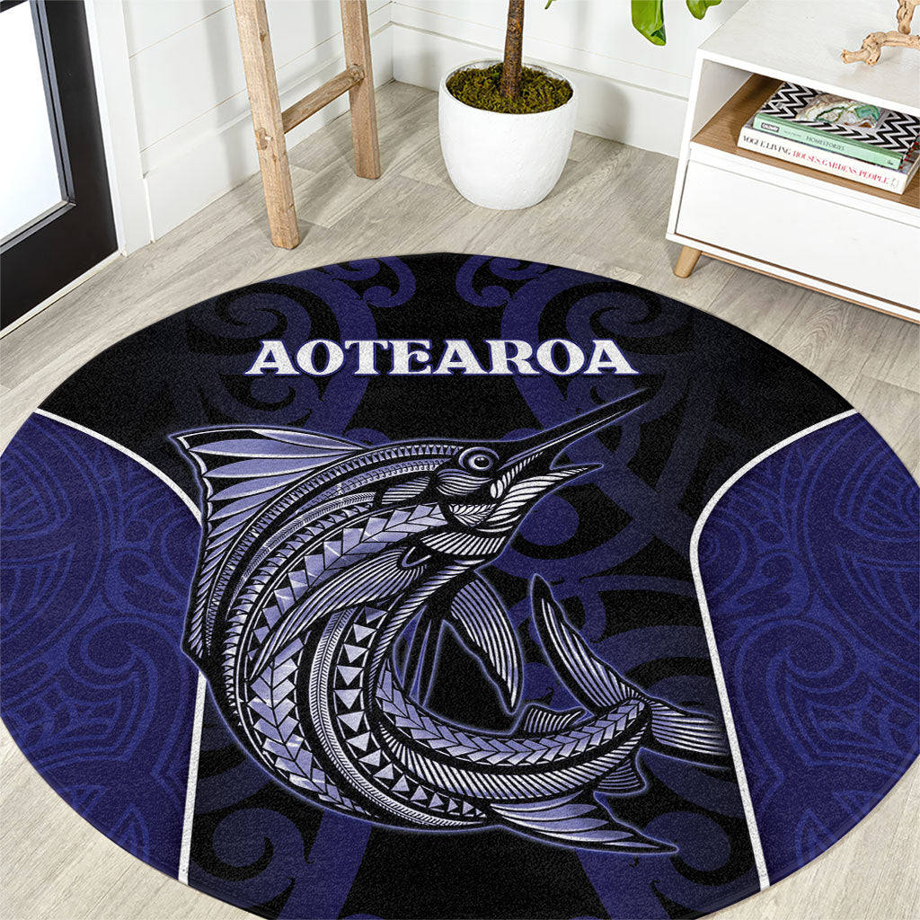 New Zealand Aotearoa Round Carpet Blue Marlin Fishing Maori Pattern LT05 Black - Polynesian Pride