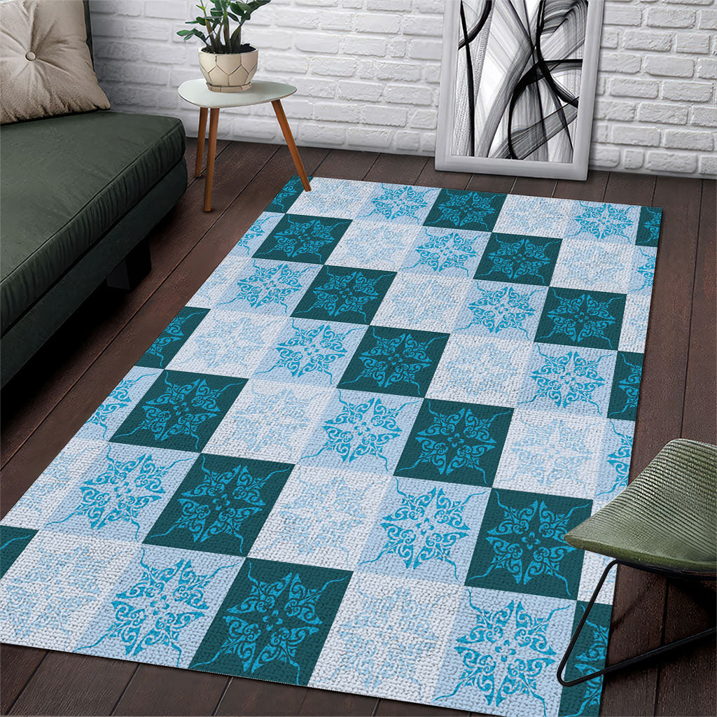 Cyan Manta Ray Hawaiian Quilt Motif Area Rug LT05 Blue - Polynesian Pride