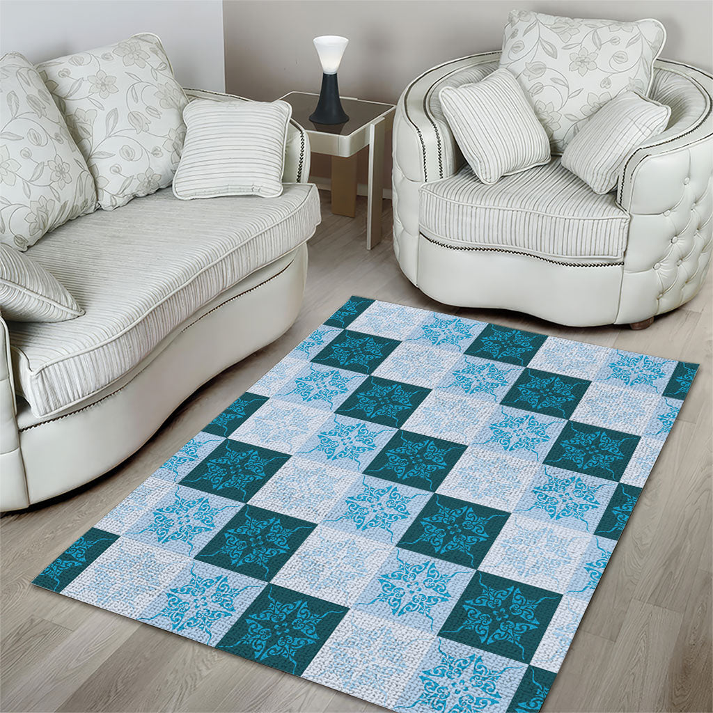 Cyan Manta Ray Hawaiian Quilt Motif Area Rug LT05 - Polynesian Pride