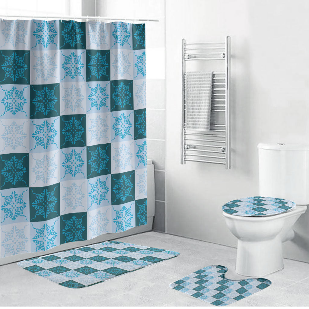 Cyan Manta Ray Hawaiian Quilt Motif Bathroom Set LT05 Bathroom Set (4 pcs) Blue - Polynesian Pride
