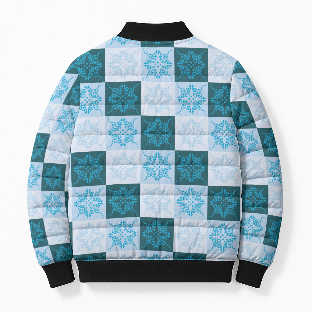 Cyan Manta Ray Hawaiian Quilt Motif Bomber Puffer Jacket LT05 - Polynesian Pride