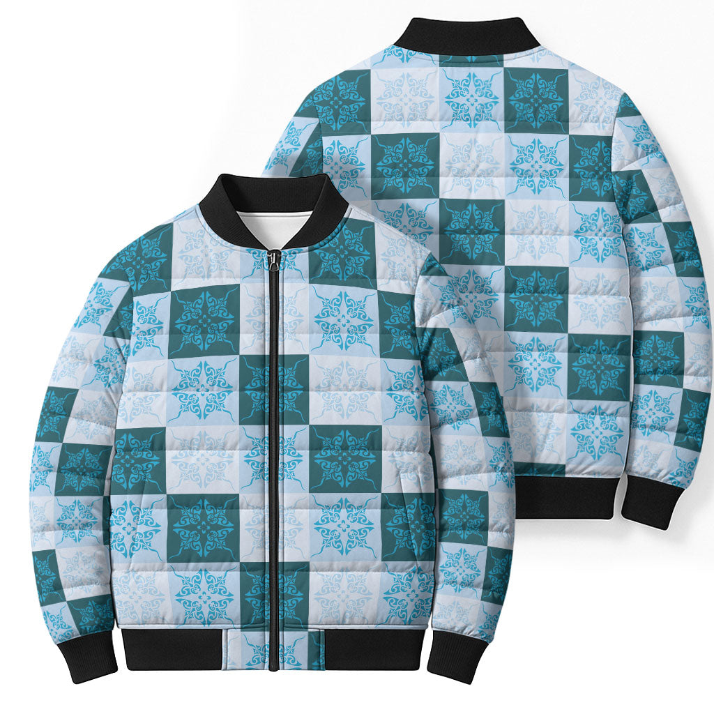 Cyan Manta Ray Hawaiian Quilt Motif Bomber Puffer Jacket LT05 - Polynesian Pride