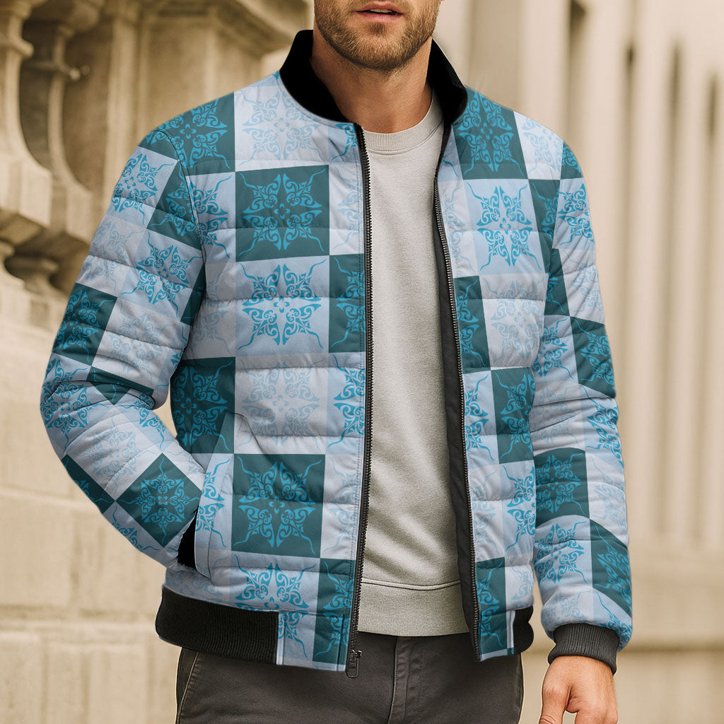 Cyan Manta Ray Hawaiian Quilt Motif Bomber Puffer Jacket LT05 - Polynesian Pride