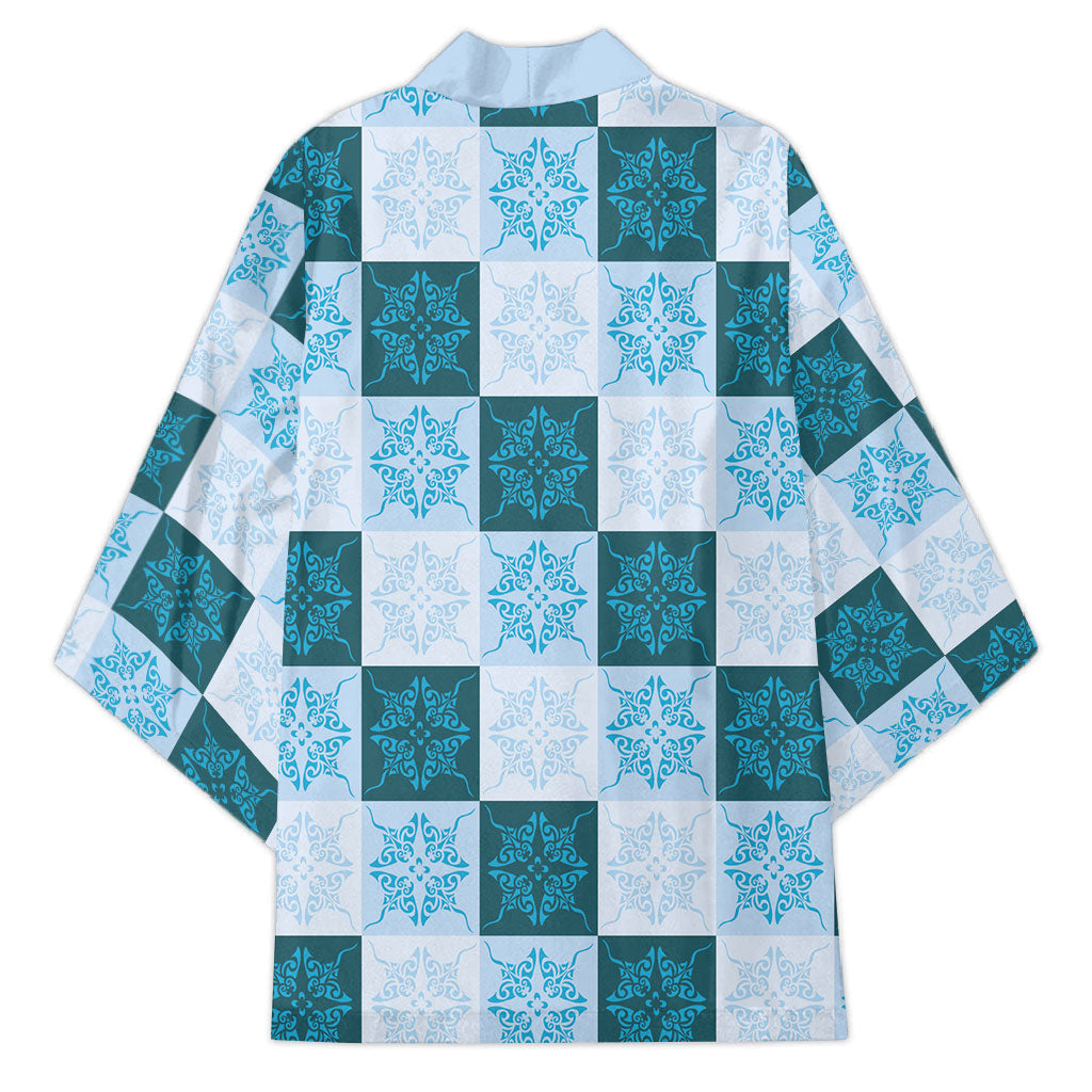 Cyan Manta Ray Hawaiian Quilt Motif Kimono LT05 - Polynesian Pride