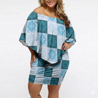 Cyan Manta Ray Hawaiian Quilt Motif Off Shoulder Short Dress LT05 Women Blue - Polynesian Pride