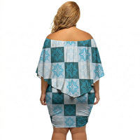 Cyan Manta Ray Hawaiian Quilt Motif Off Shoulder Short Dress LT05 - Polynesian Pride