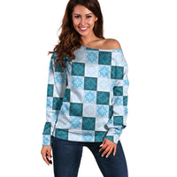 Cyan Manta Ray Hawaiian Quilt Motif Off Shoulder Sweater LT05 Women Blue - Polynesian Pride