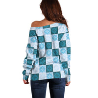 Cyan Manta Ray Hawaiian Quilt Motif Off Shoulder Sweater LT05 - Polynesian Pride