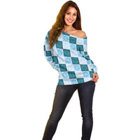 Cyan Manta Ray Hawaiian Quilt Motif Off Shoulder Sweater LT05 - Polynesian Pride