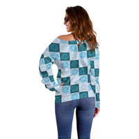 Cyan Manta Ray Hawaiian Quilt Motif Off Shoulder Sweater LT05 - Polynesian Pride
