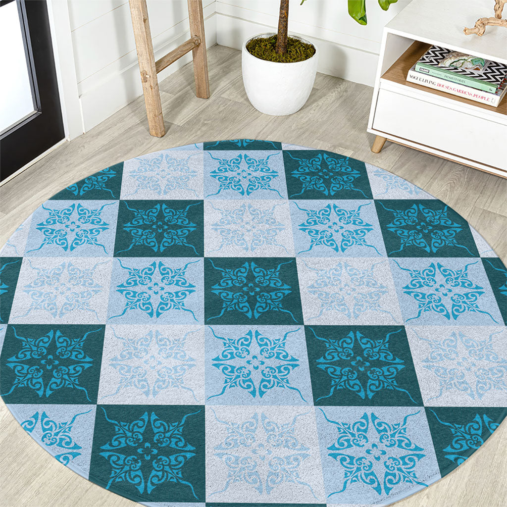 Cyan Manta Ray Hawaiian Quilt Motif Round Carpet LT05 Blue - Polynesian Pride
